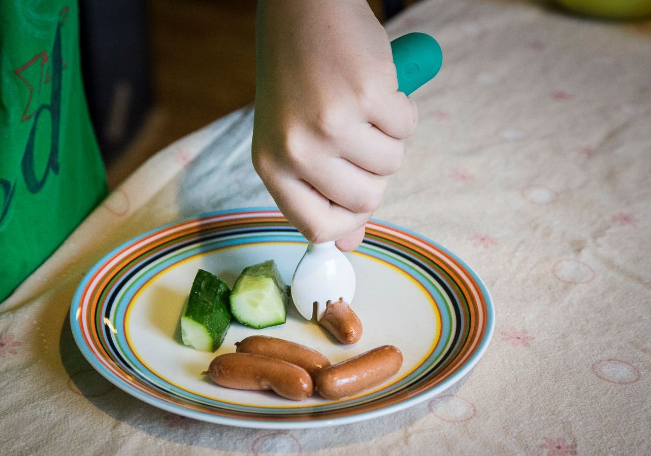 Couverts adaptés pour enfants Henro-Grip Spork: fourchette droite bleu/blanc